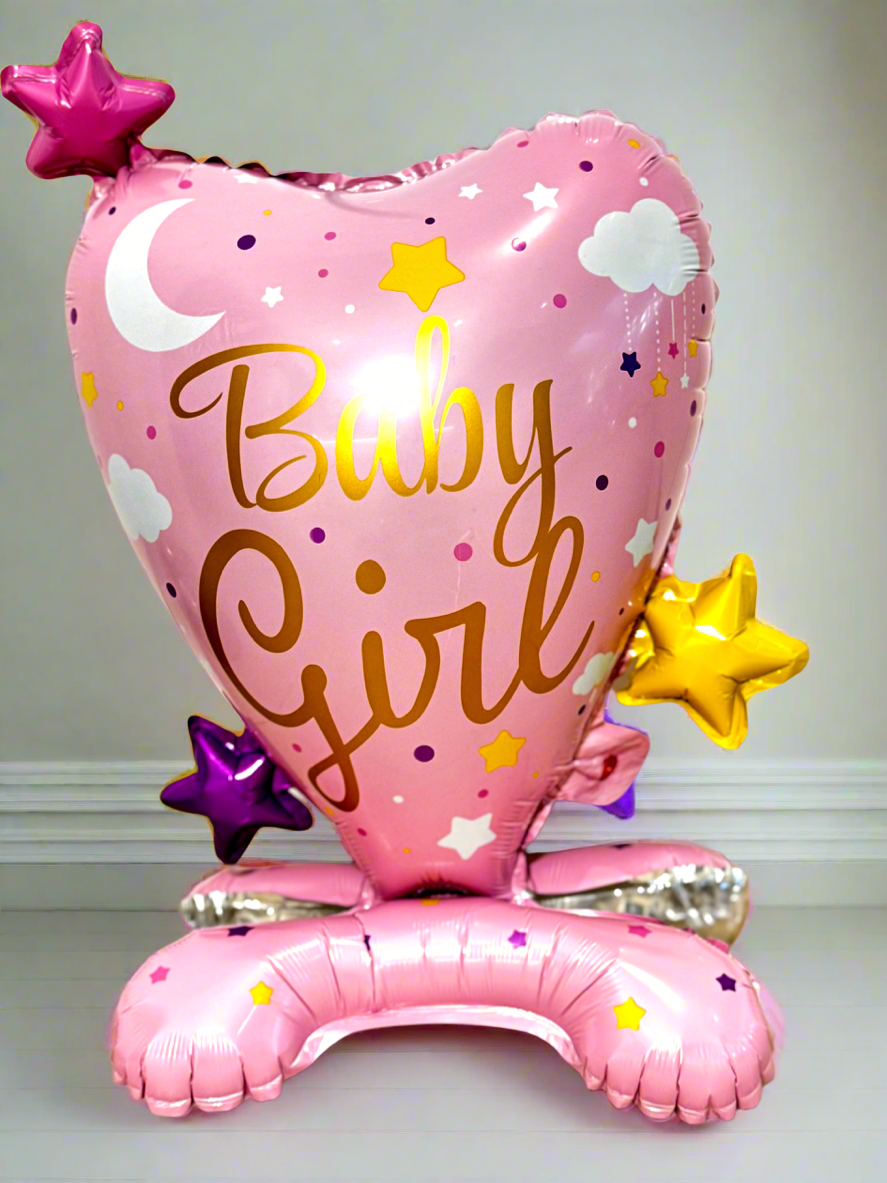 Baby Girl Pink Heart Balloon with Stars – Air-Filled