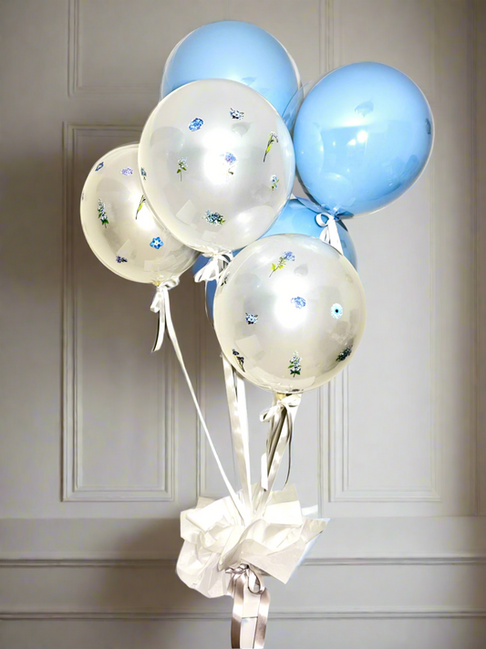 White and Pastel Blue Floral Balloon Set – Set of 6
