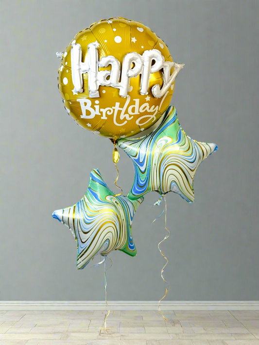 Marble Agate Foil Balloons – 2-stars and Happy Birthday balloon