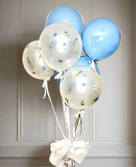 White and Pastel Blue Floral Balloon Set – Set of 6