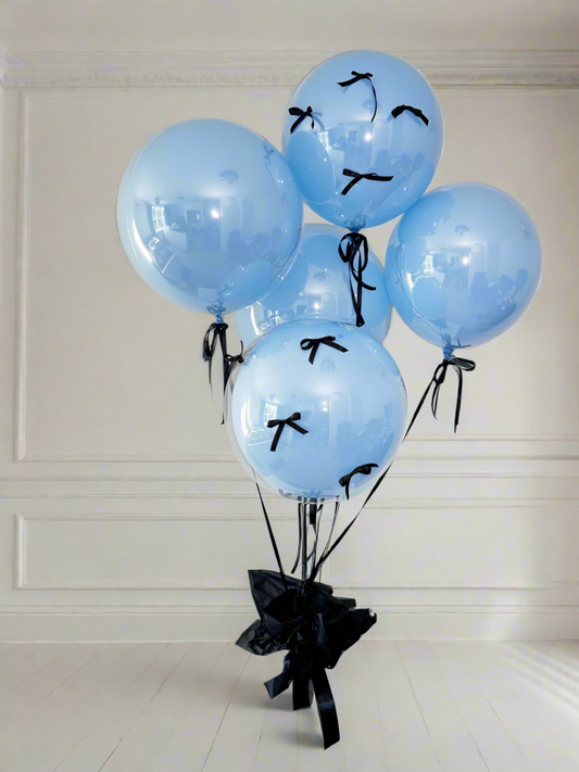 Luxury Pastel Blue Balloon Set with Black Satin Bows – Set of 6