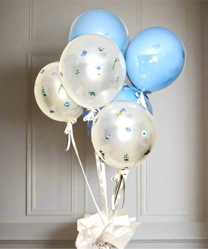White and Pastel Blue Floral Balloon Set – Set of 6